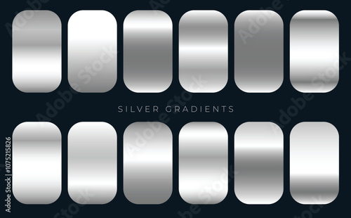 Collection of silver, chrome metallic gradient. Shiny silver effect plates. Big set of Luxury Silver Gradients. Vector illustration