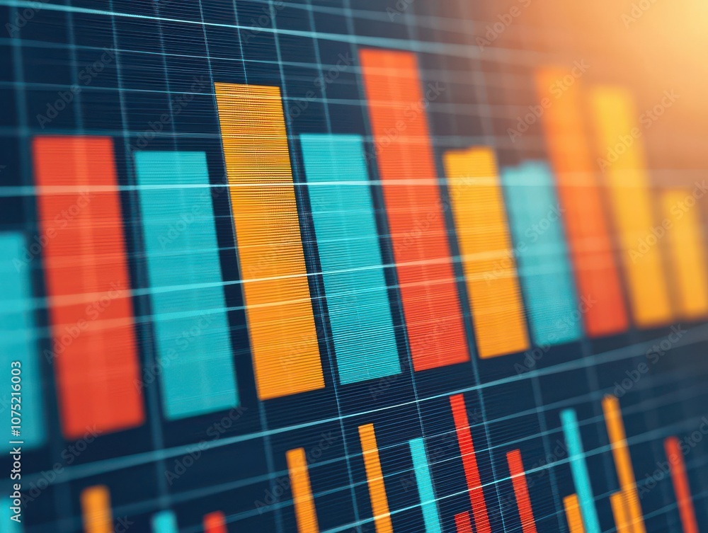 Fototapeta premium Vibrant data visualization with colorful bars representing statistical trends and analysis in a modern digital interface.