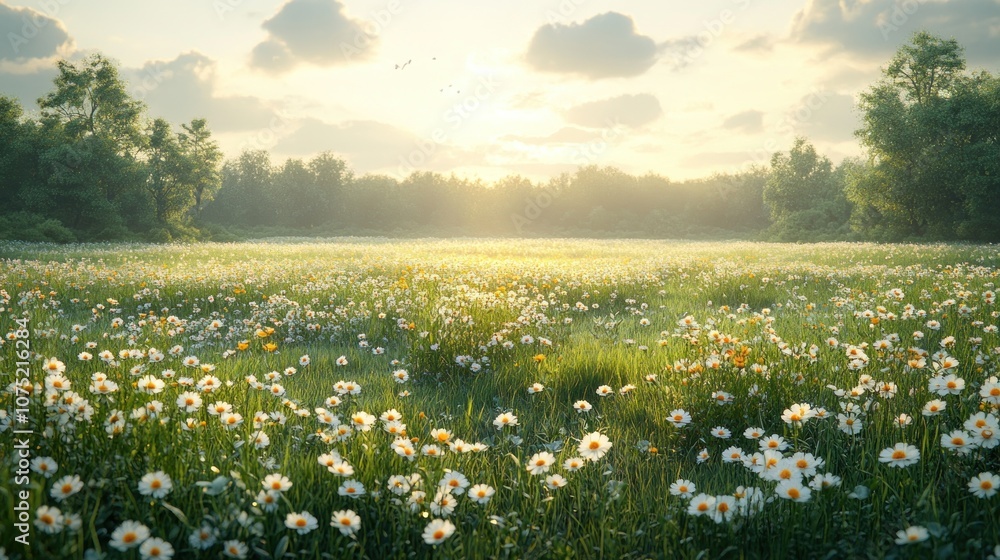 Serene meadow filled with daisies under a soft, glowing sky. Serene meadow filled with daisies under a soft, glowing sky.
