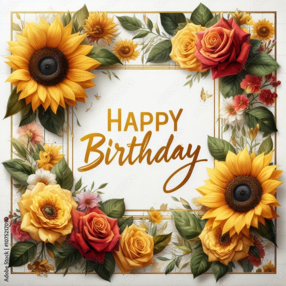 A vibrant birthday greeting featuring sunflowers and roses in rich hues. A vibrant birthday greeting featuring sunflowers and roses in rich hues.