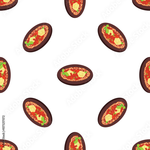 Turkish pide, a traditional flatbread topped with seasoned ground meat, vegetables, and melted cheese, creating a repeating culinary pattern