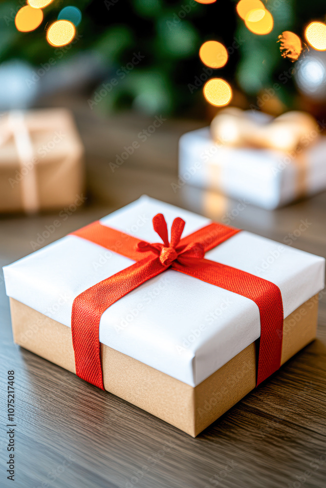 A white box with a red bow on top of it A white box with a red bow on top of it