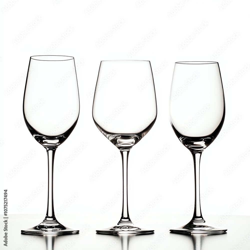 Three elegant wine glasses on a reflective surface, white isolated background. Three elegant wine glasses on a reflective surface, white isolated background.