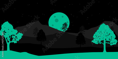 Natural landscape in the mountains at night lit by the moon and silhouettes of trees