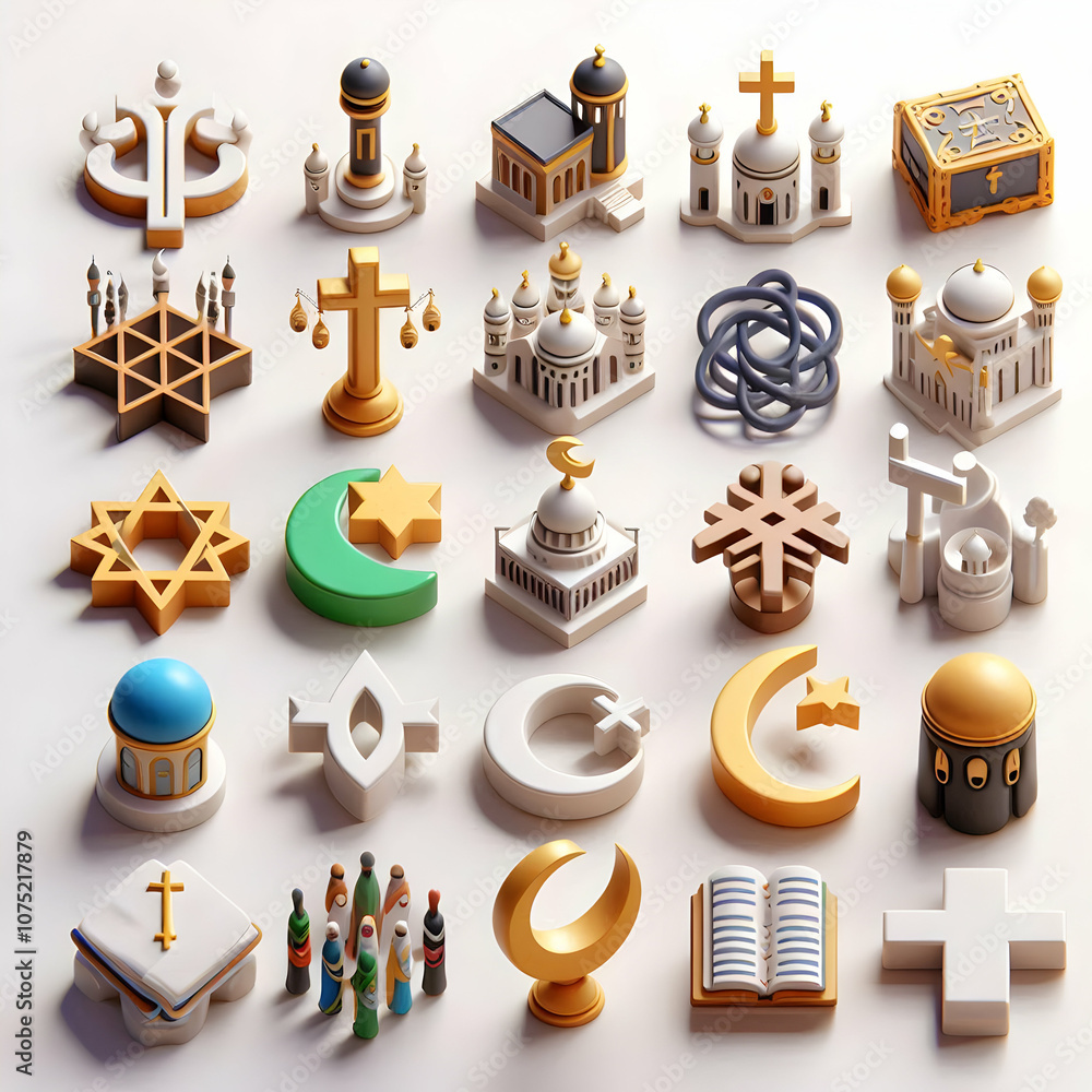 3D Plain Religious Symbols Set Unity Diversity World Religion Day Infographics Faiths Icons Isolated White Background Symbolism Beliefs Multifaith Harmony 3D Icon Design 3D Plain Religious Symbols Set Unity Diversity World Religion Day Infographics Faiths Icons Isolated White Background Symbolism Beliefs Multifaith Harmony 3D Icon Design