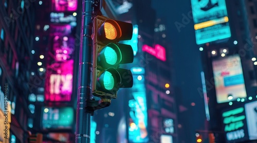 Vibrant Neon Cityscape at Night with Green Traffic Light and Illuminated Billboards in Times Square, Showcasing the Urban Energy of New York City photo