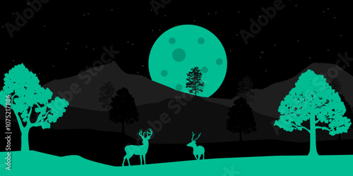 Nature landscape at night, Mountains, Trees and Wild deer