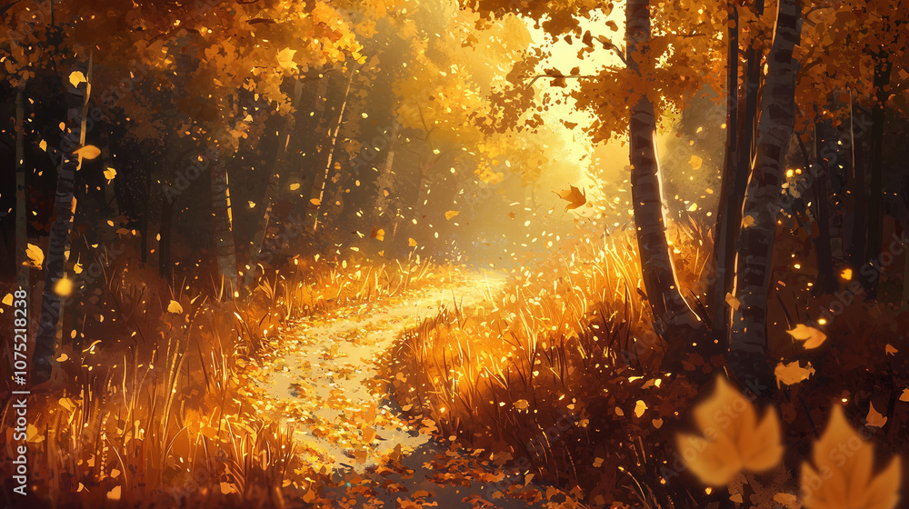 Golden autumn forest path covered in fallen leaves, sunlight filtering through the trees, creating a warm, nostalgic feel. Golden autumn forest path covered in fallen leaves, sunlight filtering through the trees, creating a warm, nostalgic feel.