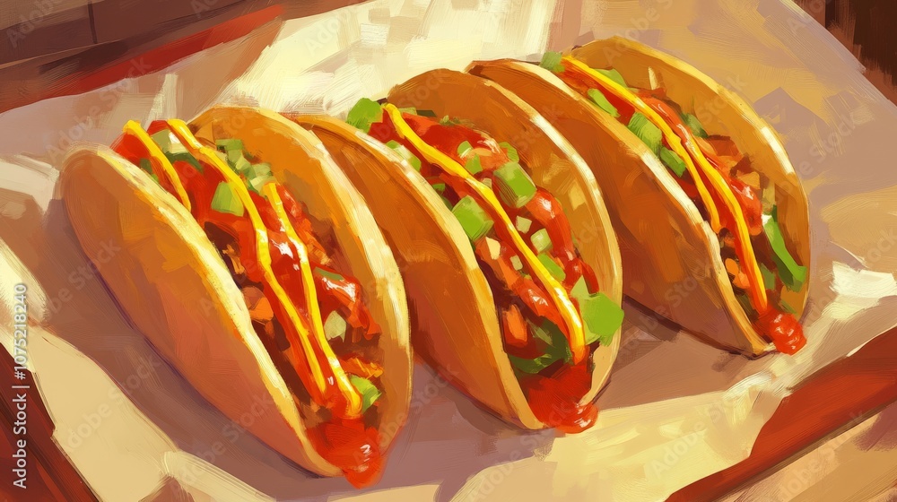 Tasty Tacos with Spicy Sauce Overhead Light View Tasty Tacos with Spicy Sauce Overhead Light View