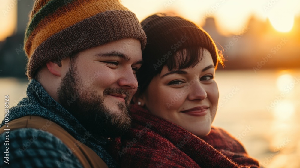 Young woman with short hair and full-figured man smiling by city waterfront, sunset light,