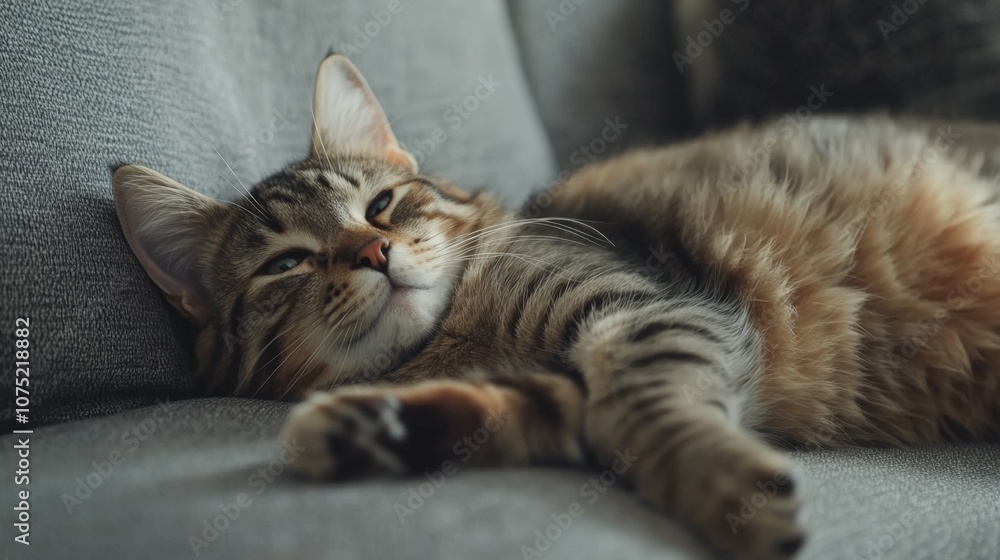 Bengal striped cat lying on a gray couch, cozy setting, warm lighting Bengal striped cat lying on a gray couch, cozy setting, warm lighting