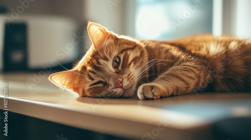 Wallpaper Mural ginger cat lying relaxed on veterinarian's table, daylight, medical office background Torontodigital.ca