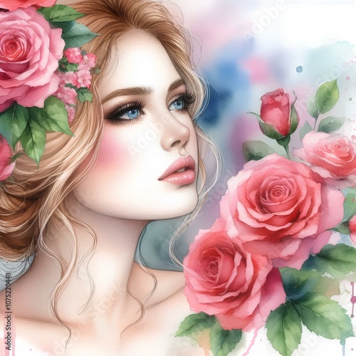 beautiful young woman with a rose flower, watercolor