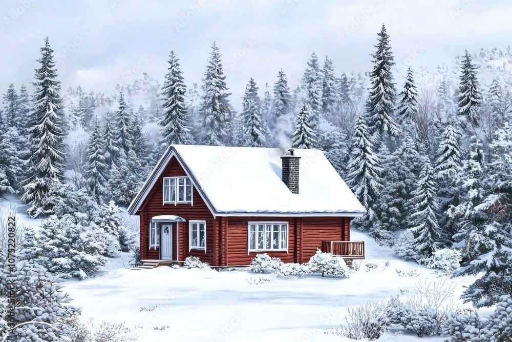 A cozy red house surrounded by snow-covered trees in a winter landscape. A cozy red house surrounded by snow-covered trees in a winter landscape.