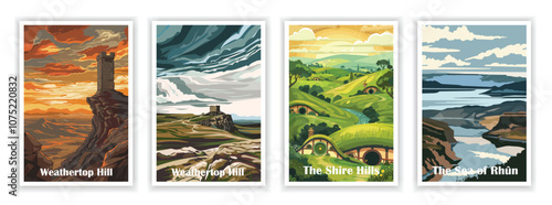 Colorful Middle Earth Landscape Poster of The Sea of Rhûn, The Shire Hills, and Weathertop Hill (Amon Sûl), Minimalist Art Travel Poster