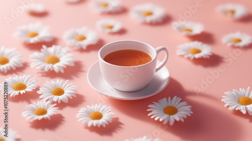 Serene Tea Moment Surrounded by Daisies on Pink Background