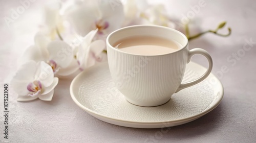 Elegant Cup of Tea Surrounded by Orchid Blossoms