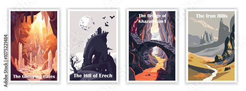 Colorful Middle Earth Poster of The Bridge of Khazad-dûm, The Glittering Caves, The Hill of Erech, and The Iron Hills, Minimalist Art Travel Poster