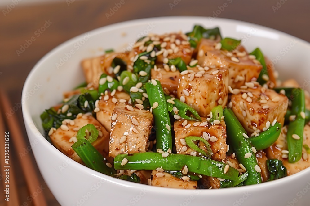 Halal food ingredients cooking. A vibrant bowl of stir-fried tofu with green beans and sesame seeds, showcasing a delicious, healthy vegetarian dish. Halal food ingredients cooking. A vibrant bowl of stir-fried tofu with green beans and sesame seeds, showcasing a delicious, healthy vegetarian dish.
