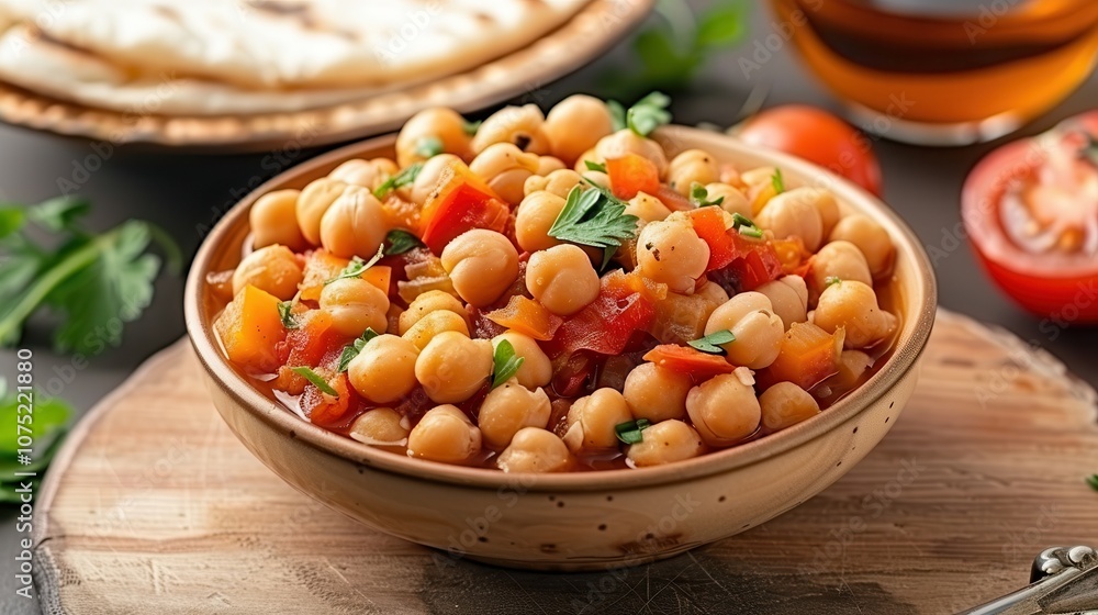 Halal food ingredients cooking. A vibrant bowl of chickpeas garnished with herbs and tomatoes, served alongside bread, showcasing a healthy and delicious meal. Halal food ingredients cooking. A vibrant bowl of chickpeas garnished with herbs and tomatoes, served alongside bread, showcasing a healthy and delicious meal.