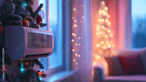 Air conditioner hanging on wall in bright Christmas room photo