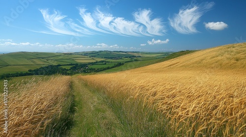 A serene landscape featuring golden fields, rolling hills, and wispy clouds under a blue sky.