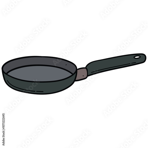 Hand drawn cartoon frying pan on white background.