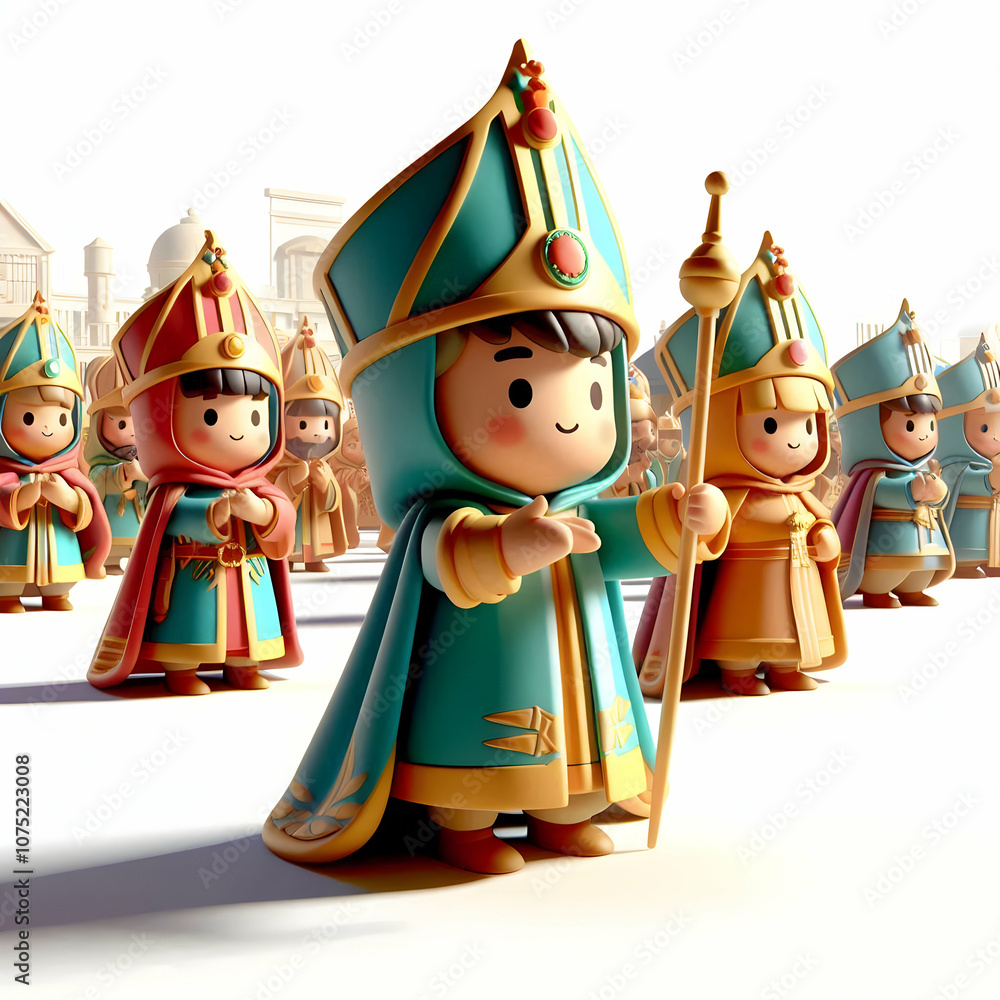 Fototapeta premium 3D Reyes Magos Outdoor Festival Role Play Vibrant Scene Cultural Heritage Dancers Ceremonies Copy Space Ideal for Advertisements Magazine Covers 3D Icon Isolated White Background