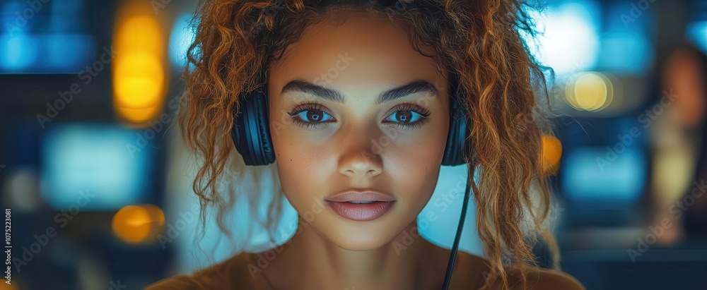 professional woman in a dynamic call center environment wearing a headset and engaged in a conversation exuding confidence and competence with a backdrop of busy colleagues and modern technology professional woman in a dynamic call center environment wearing a headset and engaged in a conversation exuding confidence and competence with a backdrop of busy colleagues and modern technology