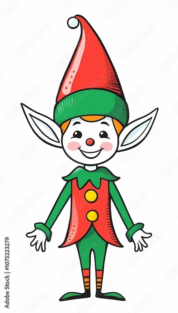 Cheerful christmas elf with pointed ears and festive attire presents a holiday greeting. New year Cheerful christmas elf with pointed ears and festive attire presents a holiday greeting. New year