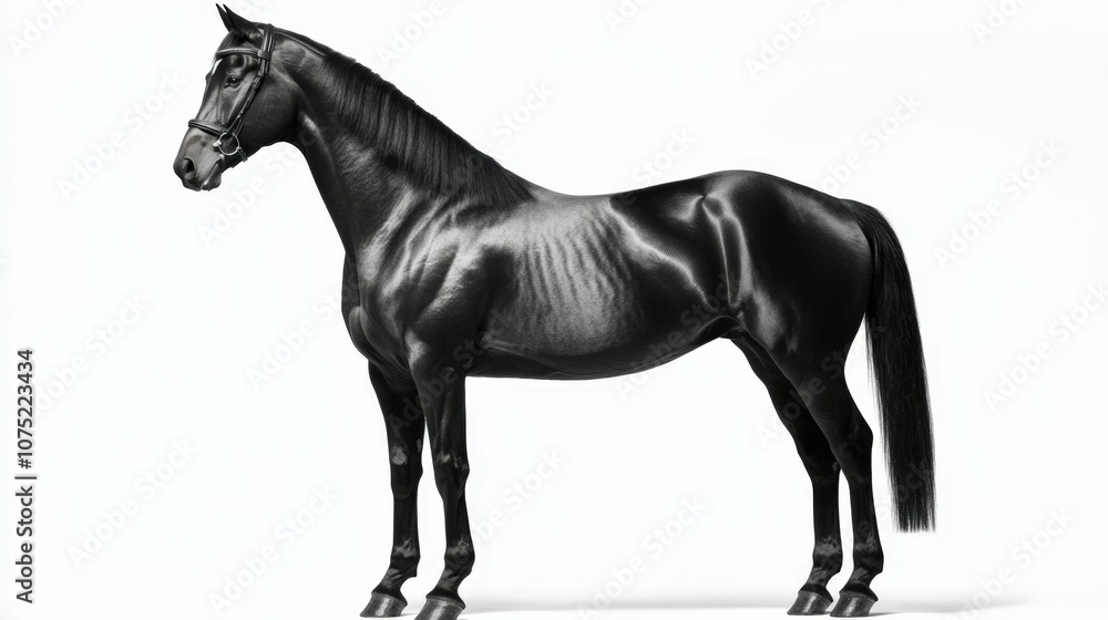 Black horse with a muscular build, standing in profile, looking forward with a proud stance, full-length, isolated on a white background Black horse with a muscular build, standing in profile, looking forward with a proud stance, full-length, isolated on a white background