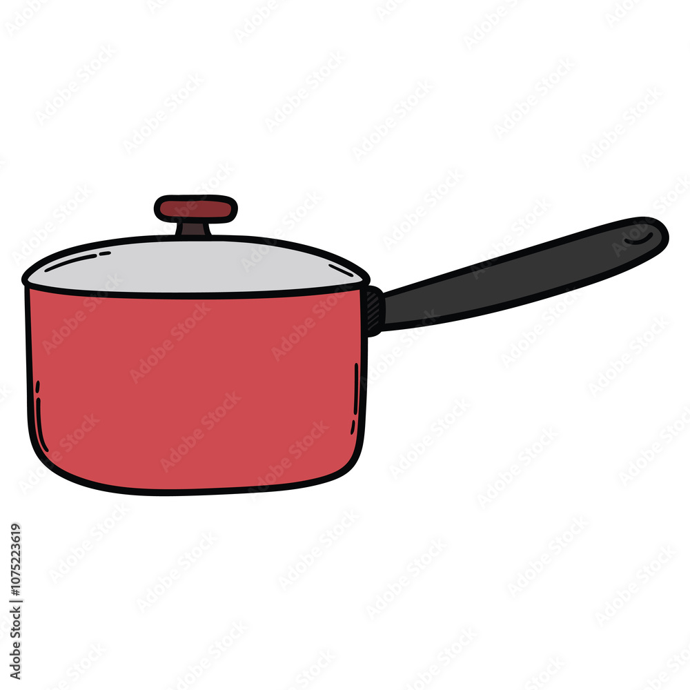 Hand drawn cartoon red saucepan on white background. Hand drawn cartoon red saucepan on white background.