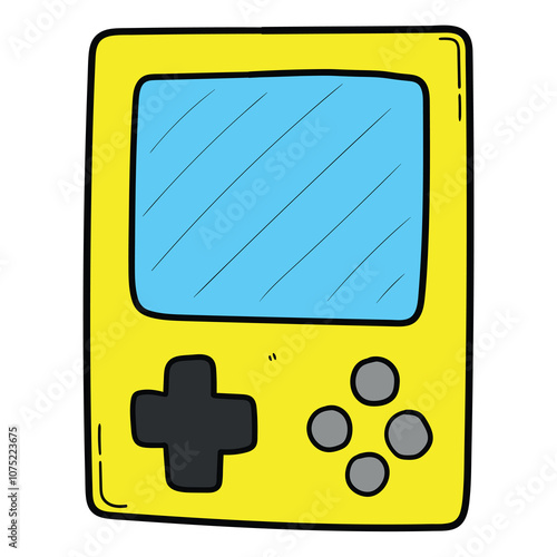 Hand drawn cartoon retro yellow portable game console on white background.