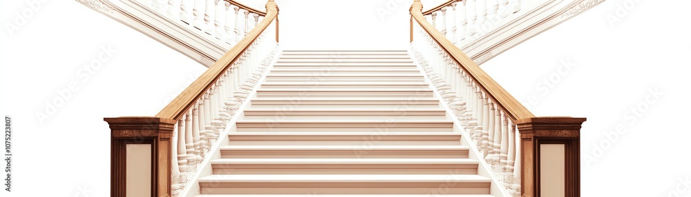 Elegant staircase with wooden railing, white isolated background. Elegant staircase with wooden railing, white isolated background.