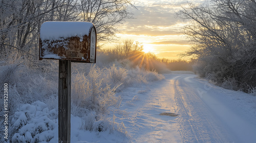 Prosta, wiejska skrzynka pocztowa ustawiona przy śnieżnej drodze, prowadzącej ku promiennemu wschodowi słońca