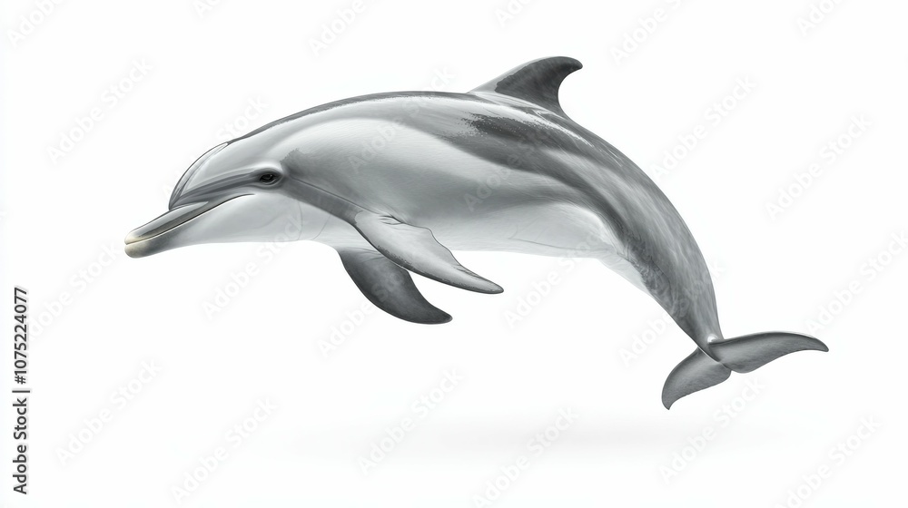Fototapeta premium Gray and white dolphin with a smooth body, captured mid-leap, looking forward, full-length, centered, isolated on a white background