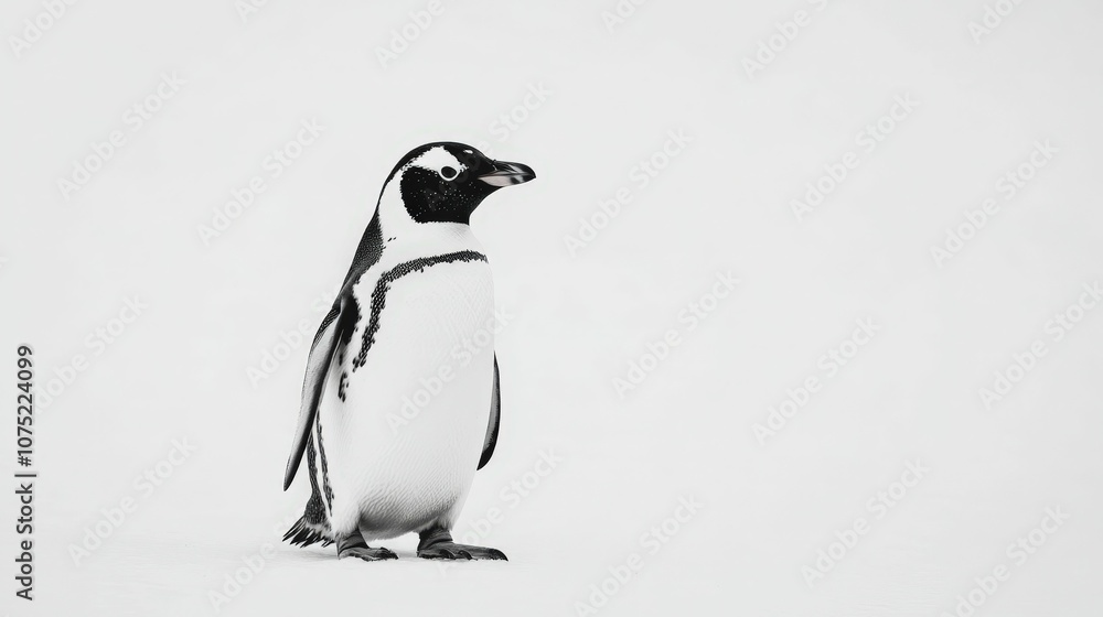 Penguin with black and white feathers, standing upright with a curious tilt of the head, full-length, isolated on a white background Penguin with black and white feathers, standing upright with a curious tilt of the head, full-length, isolated on a white background