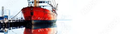 Red ship reflecting on water, isolated with a white background.