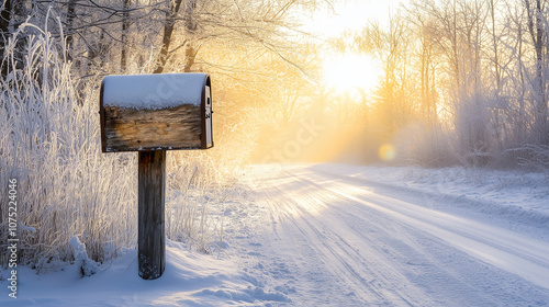 Prosta, wiejska skrzynka pocztowa ustawiona przy śnieżnej drodze, prowadzącej ku promiennemu wschodowi słońca