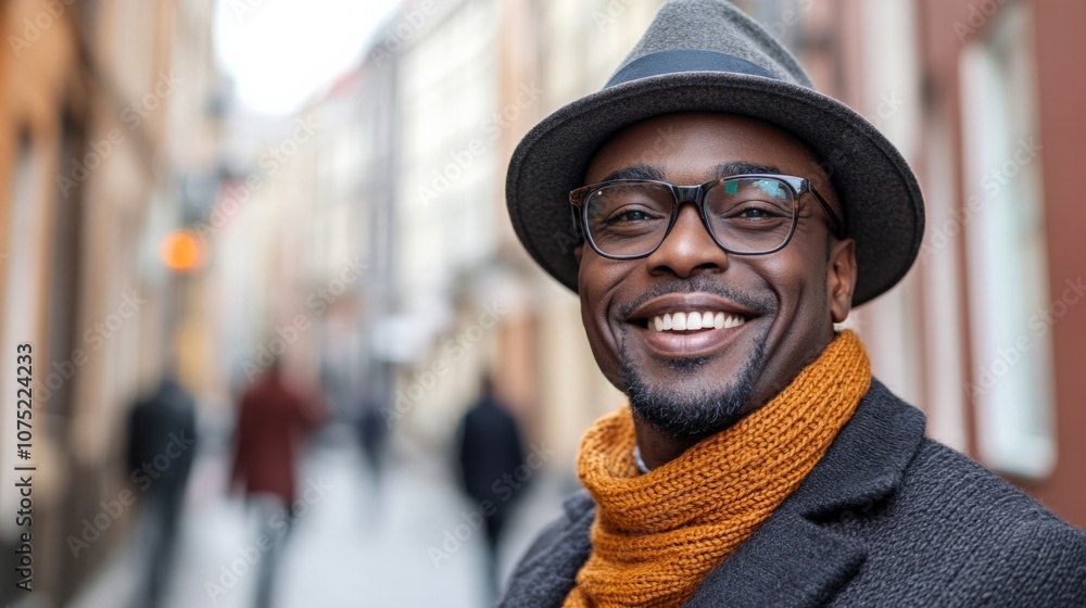 Smiling Man in Stylish Hat and Scarf on Vibrant City Street Smiling Man in Stylish Hat and Scarf on Vibrant City Street