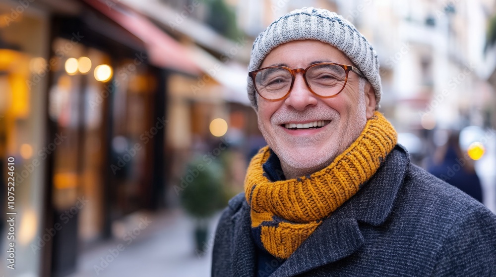 Charming Older Man Smiling in Urban Winter Scene Charming Older Man Smiling in Urban Winter Scene