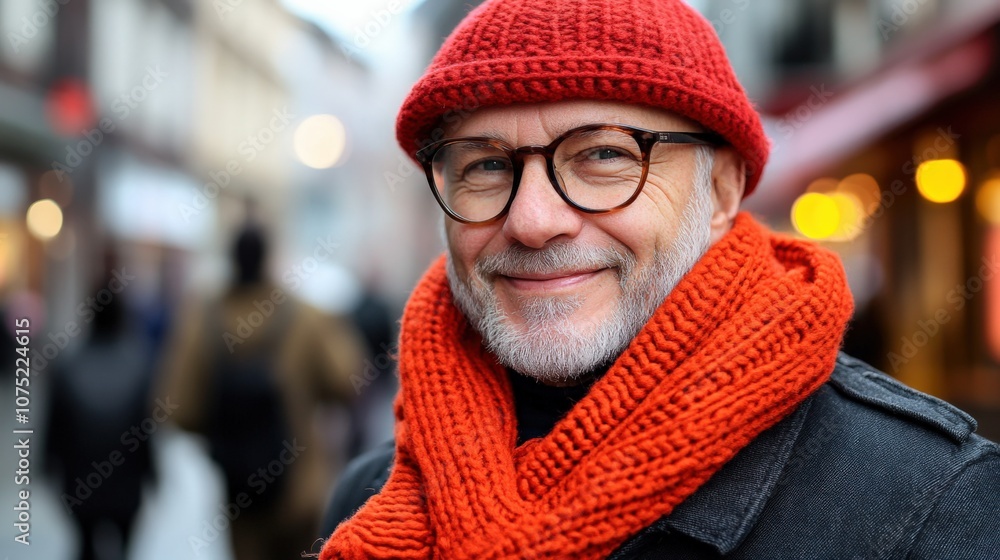 Charming Elderly Man in Winter Attire with Bright Red Accessories Charming Elderly Man in Winter Attire with Bright Red Accessories