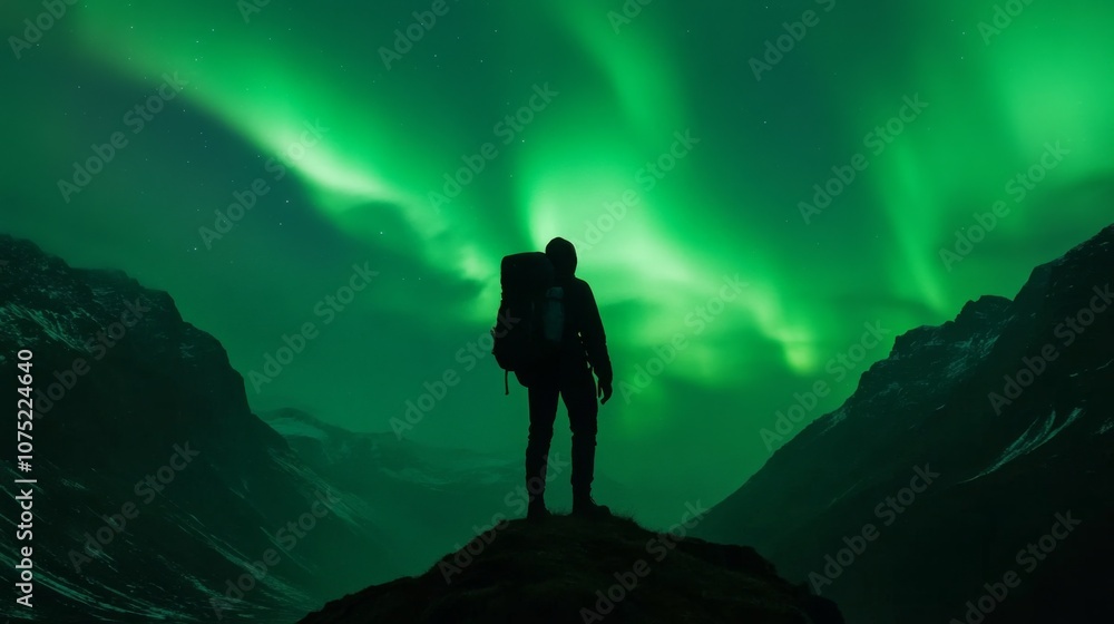 Fototapeta premium Hiker Silhouette Beneath Green Aurora 