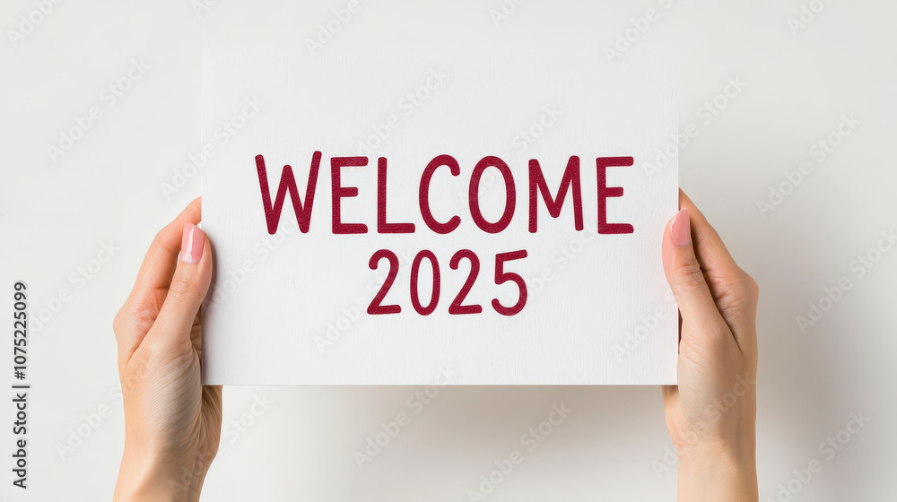 Welcome 2025 is displayed on white card held by hands, conveying sense of celebration and anticipation for new year Welcome 2025 is displayed on white card held by hands, conveying sense of celebration and anticipation for new year