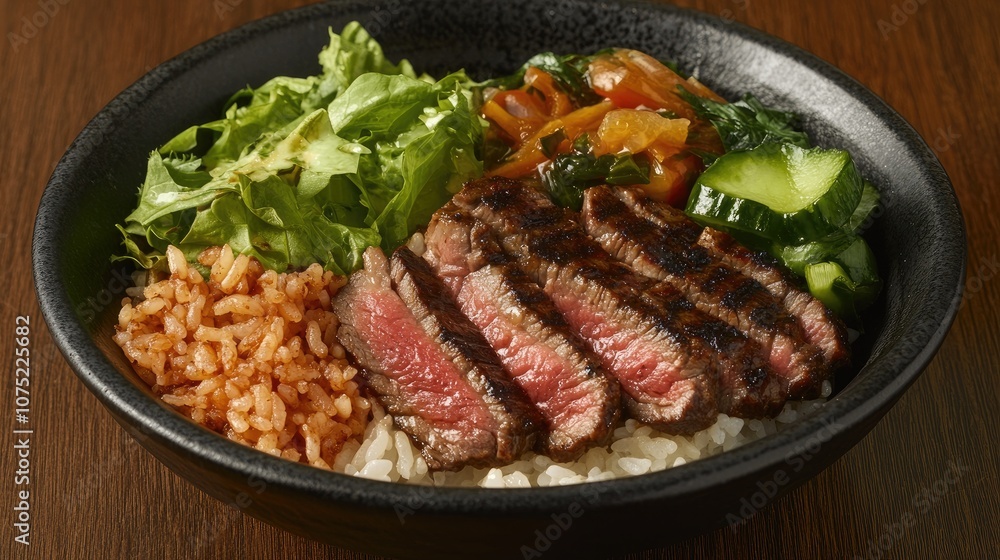 Delicious Grilled Steak Served on Rice with Fresh Vegetables and Colorful Salad Perfect for Asian Cuisine Lovers and Food Enthusiasts Delicious Grilled Steak Served on Rice with Fresh Vegetables and Colorful Salad Perfect for Asian Cuisine Lovers and Food Enthusiasts