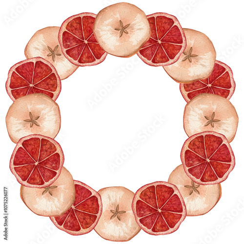 Watercolor illustration of dried apple and orange wreath. Isolated fruit frame for decoration and design of recipes, greeting cards, invitations, holidays, stickers, prints.
