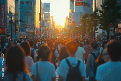 Busy Urban Street Scene at Sunset