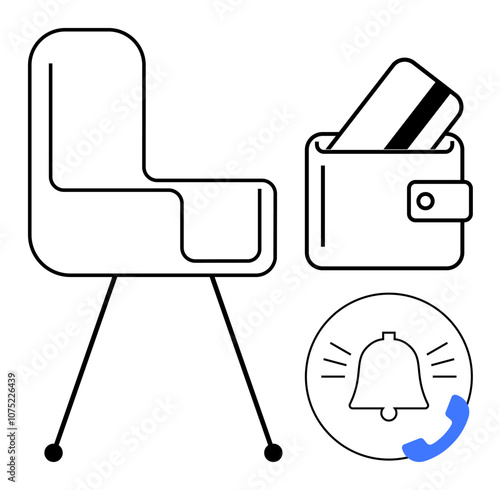 Office chair, wallet with inserted credit card, and notification bell with phone icon suggest themes of business, finance, alerts, communication, and organization. Ideal for office settings, finance