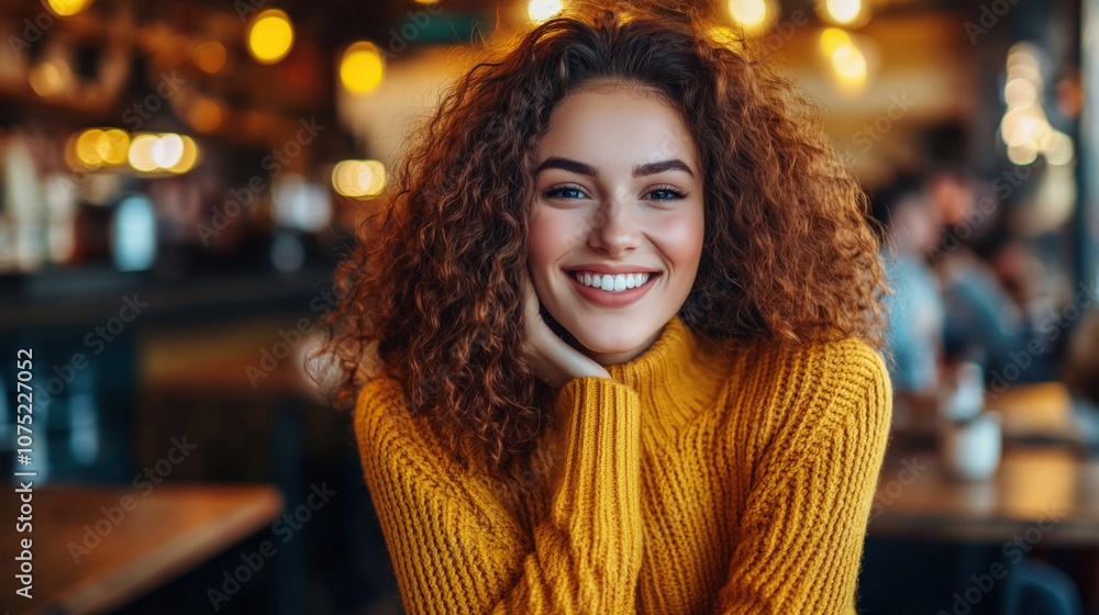 Cheerful Young Woman in Cozy Café Setting with Warm Colors Cheerful Young Woman in Cozy Café Setting with Warm Colors