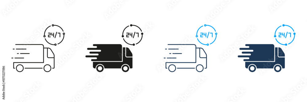 Delivery Service Around The Clock Line and Silhouette Icon Set. Parcel Shipment Time Pictogram. Twenty Four Hour Delivery Sign. Editable Stroke. Isolated Vector Illustration Delivery Service Around The Clock Line and Silhouette Icon Set. Parcel Shipment Time Pictogram. Twenty Four Hour Delivery Sign. Editable Stroke. Isolated Vector Illustration